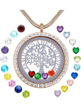 Family Tree of Life Floating Locket Necklace with 24 Birthstones - Forever Love